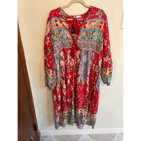 R. Vivimos 2XL Boho Midi Dress Red Long Sleeve Tassel Keyhole NWT - Picture 2 of 7